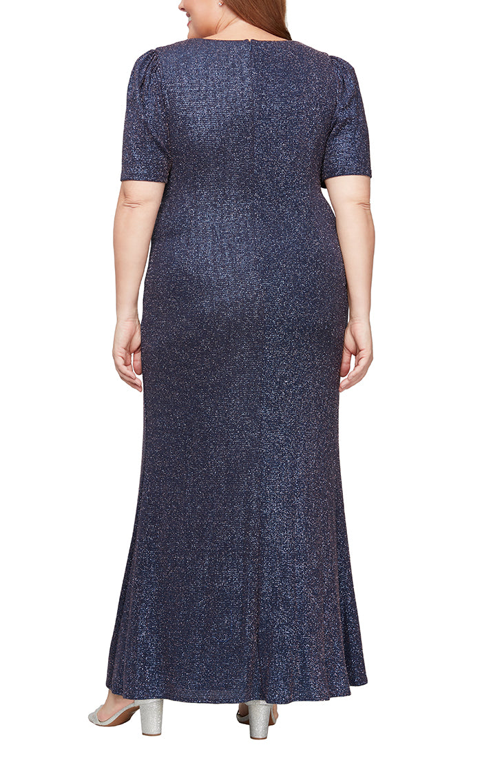 Plus Short Sleeve Metallic Knit Surplice Neckline Dress with Front Slit & Elbow Sleeves