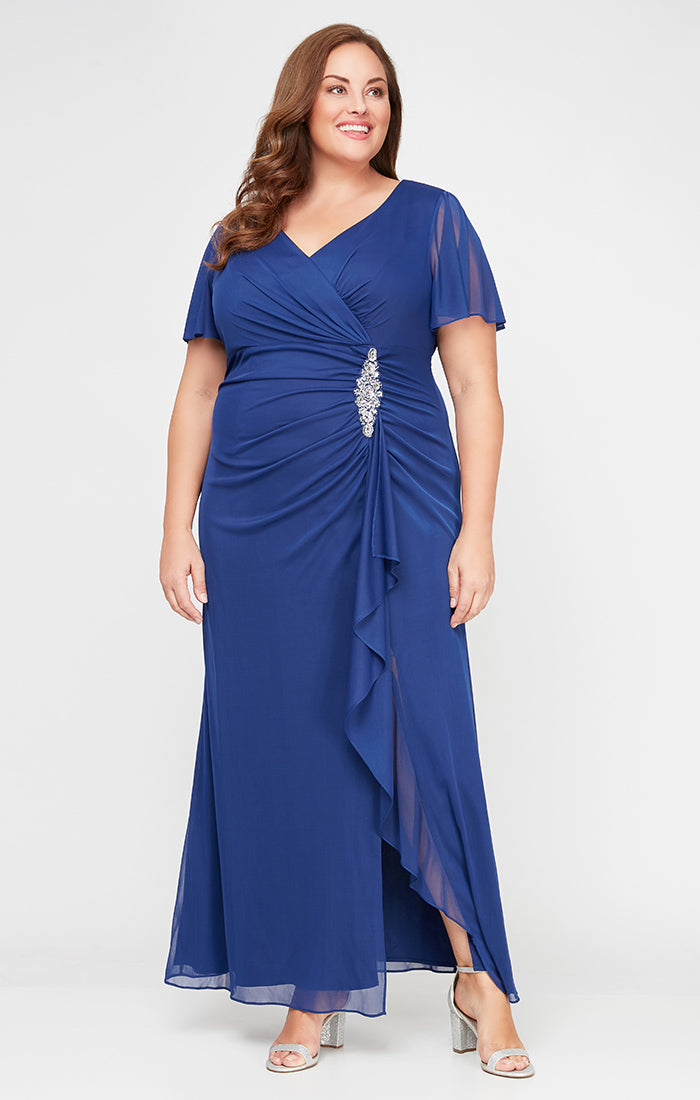 Plus Surplice Neckline Dress with Flutter Sleeves, Embellishment at Hip and Cascade Skirt Detail