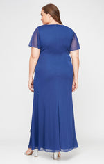 Plus Surplice Neckline Dress with Flutter Sleeves, Embellishment at Hip and Cascade Skirt Detail