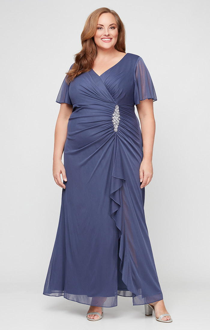 Plus Surplice Neckline Dress with Flutter Sleeves, Embellishment at Hip and Cascade Skirt Detail