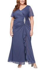 Plus Surplice Neckline Dress with Flutter Sleeves, Embellishment at Hip and Cascade Skirt Detail