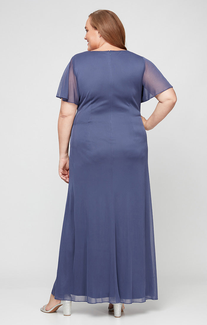 Plus Surplice Neckline Dress with Flutter Sleeves, Embellishment at Hip and Cascade Skirt Detail