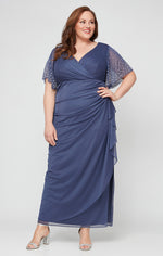 Plus Long Empire Waist Dress with Surplice Neckline and Embellished Flutter Sleeves