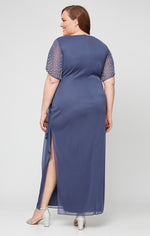 Plus Long Empire Waist Dress with Surplice Neckline and Embellished Flutter Sleeves