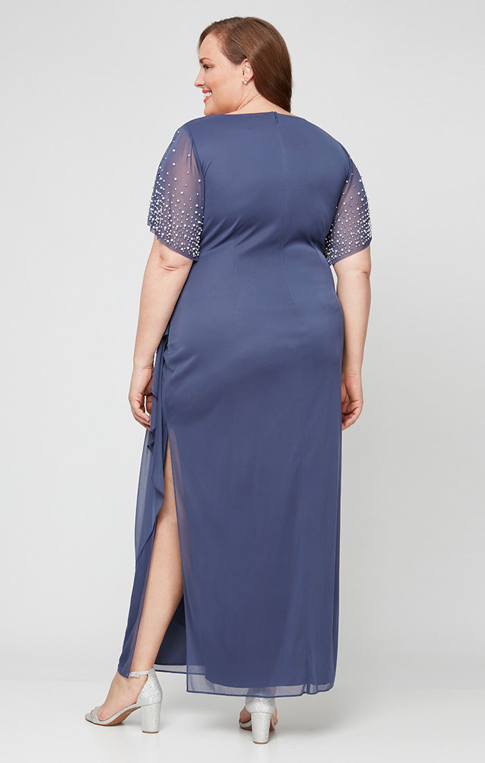 Plus Long Empire Waist Dress with Surplice Neckline and Embellished Flutter Sleeves