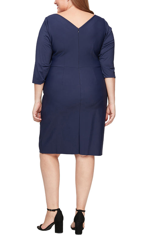 Plus Short Sheath Compression Dress with Surplice Neckline and Beaded Detail at Hip