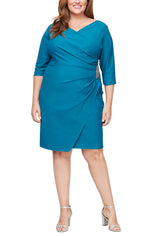 Plus Short Surplice Sheath Compression Dress with Embellished Detail at Hip and 3/4 Sleeves