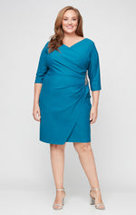 Plus Short Surplice Sheath Compression Dress with Embellished Detail at Hip and 3/4 Sleeves