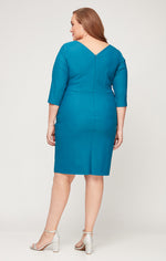 Plus Short Surplice Sheath Compression Dress with Embellished Detail at Hip and 3/4 Sleeves