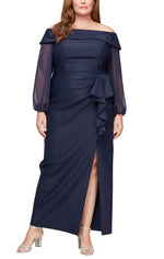 Plus Long Off the Shoulder Compression Dress with Illusion Sleeves, Cascade Ruffle Skirt and Front Slit