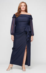 Plus Long Off the Shoulder Compression Dress with Illusion Sleeves, Cascade Ruffle Skirt and Front Slit