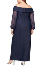 Plus Long Off the Shoulder Compression Dress with Illusion Sleeves, Cascade Ruffle Skirt and Front Slit