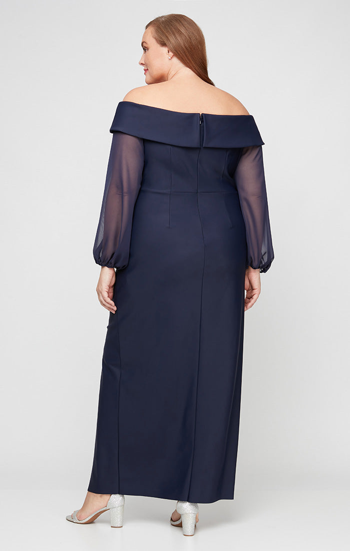 Plus Long Off the Shoulder Compression Dress with Illusion Sleeves, Cascade Ruffle Skirt and Front Slit