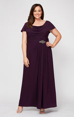 Plus Long Cowl Neck A-Line Matte Jersey Dress with Pleated Bodice Detail, Cowl Back, and Embellishment Detail at Waist