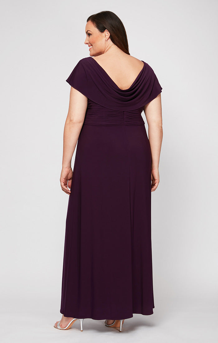 Plus Long Cowl Neck A-Line Matte Jersey Dress with Pleated Bodice Detail, Cowl Back, and Embellishment Detail at Waist