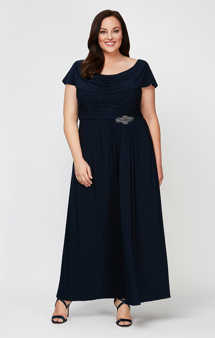 Plus Long Cowl Neck A-Line Matte Jersey Dress with Pleated Bodice Detail, Cowl Back, and Embellishment Detail at Waist