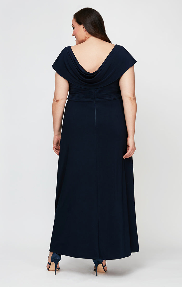 Plus Long Cowl Neck A-Line Matte Jersey Dress with Pleated Bodice Detail, Cowl Back, and Embellishment Detail at Waist