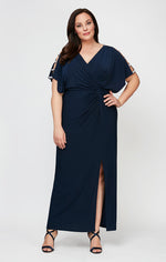 Plus Knot Front Dress with Front Slit and Embellishment at Shoulder