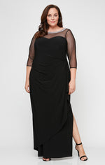 Plus Long Matte Jersey Illusion 3/4 Sleeve Side Ruched Dress with Embellished Neckline