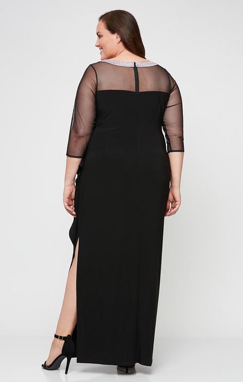 Plus Long Matte Jersey Illusion 3/4 Sleeve Side Ruched Dress with Embellished Neckline