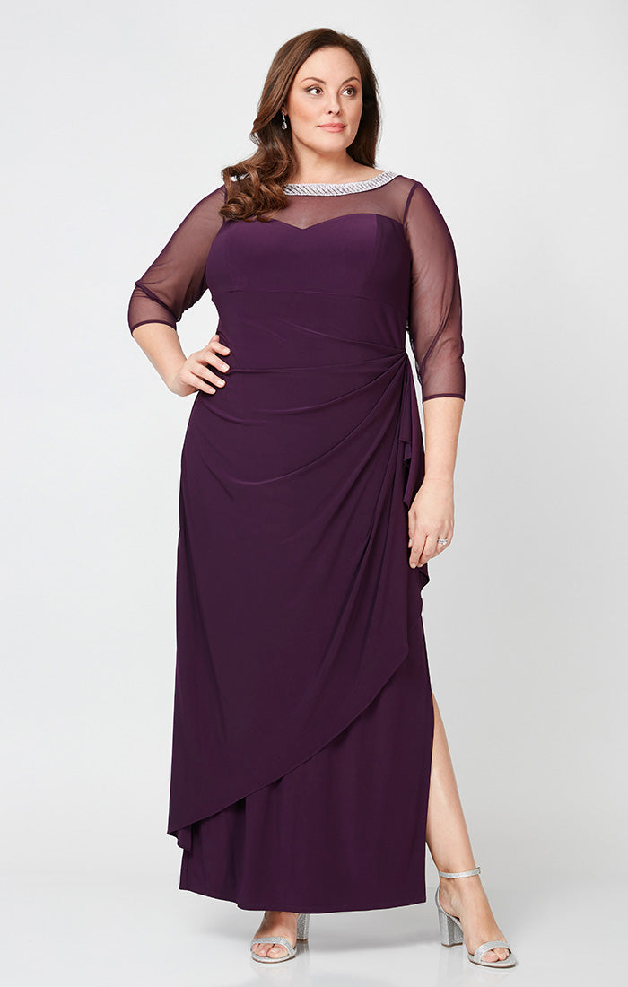 Plus Long Matte Jersey Illusion 3/4 Sleeve Side Ruched Dress with Embellished Neckline