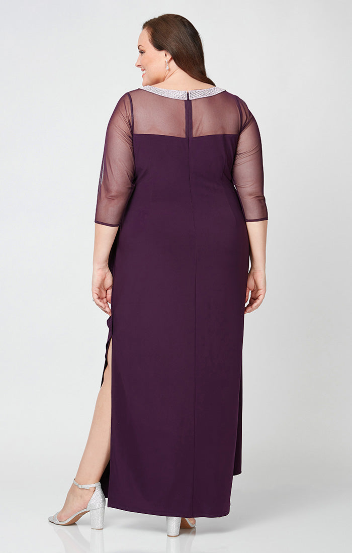 Plus Long Matte Jersey Illusion 3/4 Sleeve Side Ruched Dress with Embellished Neckline