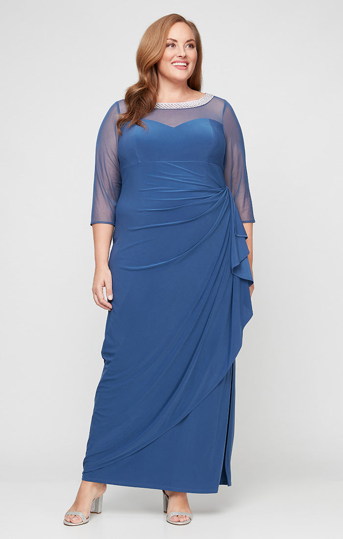 Plus Long Matte Jersey Illusion 3/4 Sleeve Side Ruched Dress with Embellished Neckline