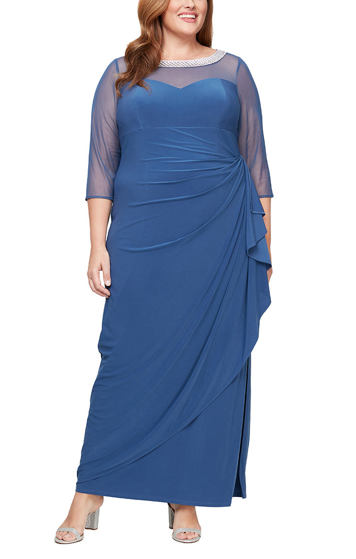 Plus Long Matte Jersey Illusion 3/4 Sleeve Side Ruched Dress with Embellished Neckline