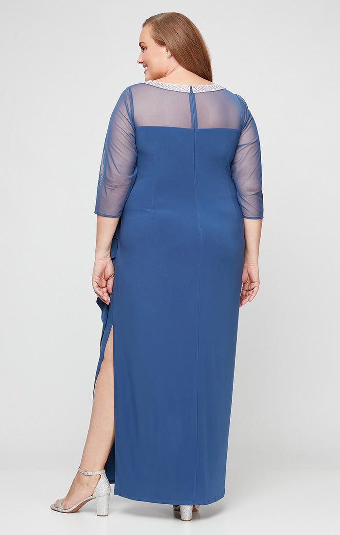 Plus Long Matte Jersey Illusion 3/4 Sleeve Side Ruched Dress with Embellished Neckline