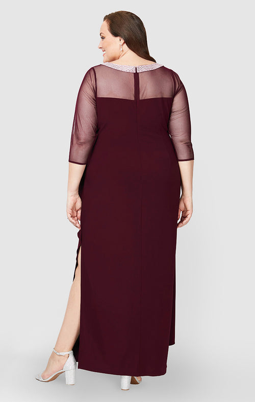 Plus Matte Jersey Illusion 3/4 Sleeve Side Ruched Dress with Embellished Neckline