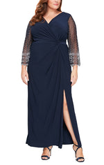 Plus Surplice Neckline Matte Jersey Dress with Embellished Illusion Sleeves & Knot Front Detail