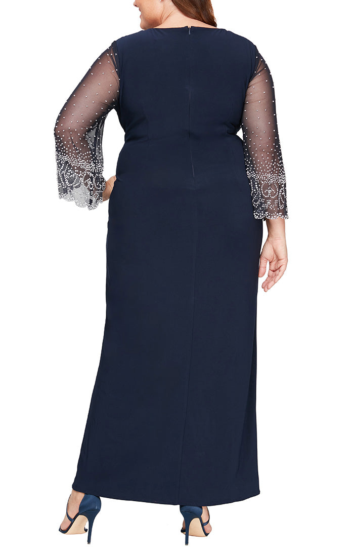 Plus Surplice Neckline Matte Jersey Dress with Embellished Illusion Sleeves & Knot Front Detail