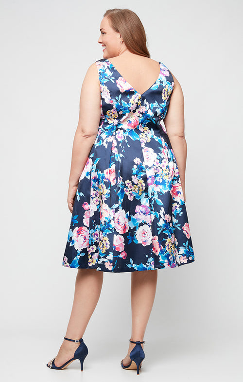 Plus Midi Sleeveless Printed Stretch Faille A-Line Dress with V-Neckline