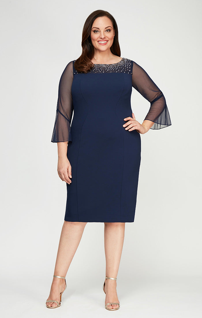 Plus Short Sheath Crepe Dress with Embellished  Illusion Mesh Neckline and Bell Sleeves