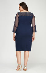 Plus Short Sheath Crepe Dress with Embellished  Illusion Mesh Neckline and Bell Sleeves