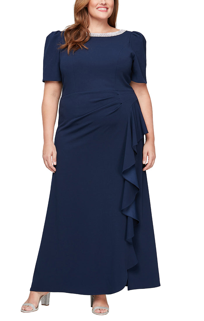 Plus Long Embellished Neck Dress with Elbow Sleeves & Cascade Detail Skirt