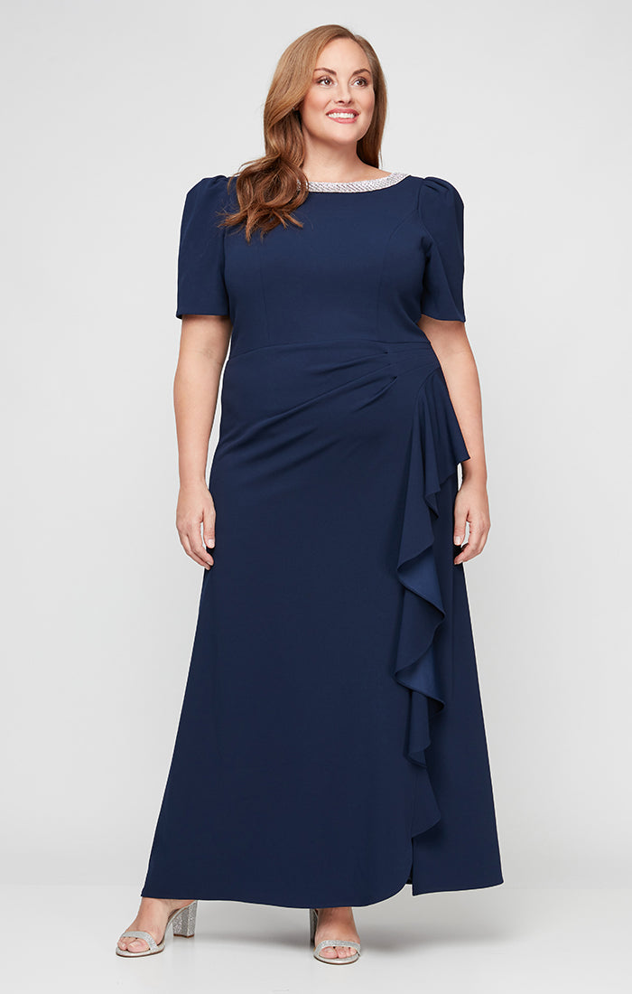 Plus Long Embellished Neck Dress with Elbow Sleeves & Cascade Detail Skirt