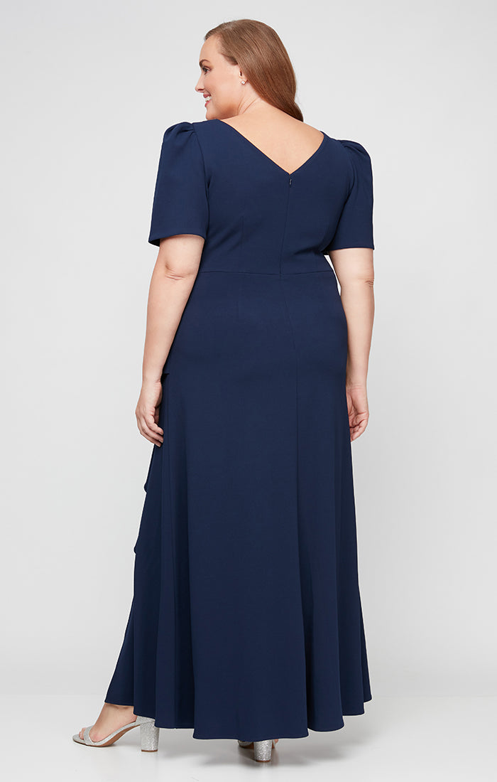 Plus Long Embellished Neck Dress with Elbow Sleeves & Cascade Detail Skirt