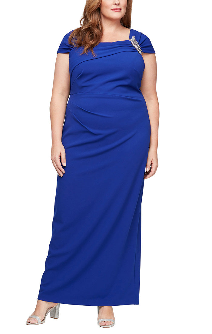 Plus - Cap Sleeve Crepe Dress With Embellished Asymmetric Neckline