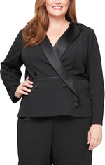 Plus Long Sleeve Tuxedo Blouse with Side Closure, Satin Collar and Button Detail