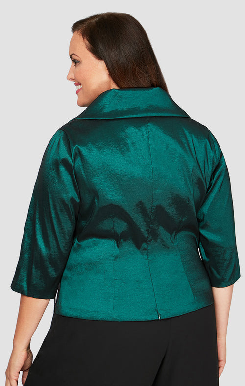 Plus 3/4 Sleeve Surplice Stretch Taffeta Blouse with Collar and Tie Waist Detail