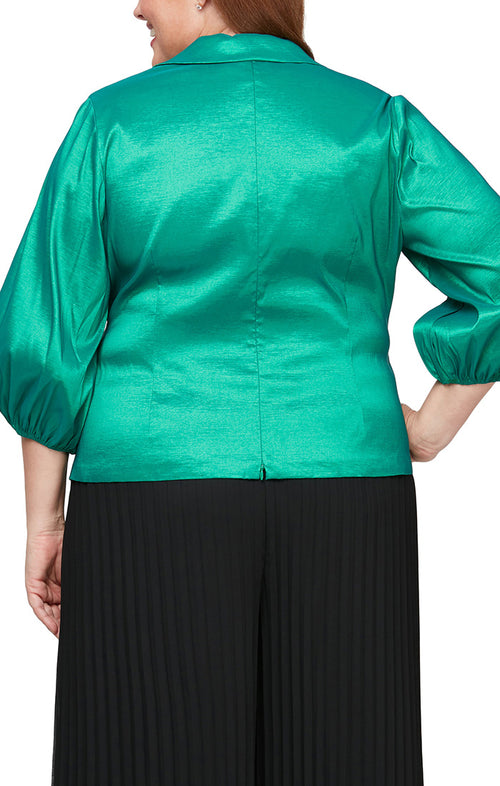 Plus 3/4 Sleeve Surplice Stretch Taffeta Blouse with Collar, Balloon Hem Sleeve and Tie Belt