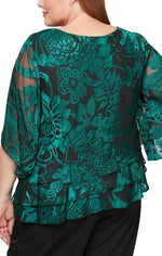 Plus 3/4 Sleeve Chiffon Printed Blouse With Illusion Sleeves and Asymmetric Triple Tier Hem