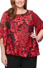 Plus 3/4 Sleeve Chiffon Printed Blouse With Illusion Sleeves and Asymmetric Triple Tier Hem