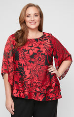 Plus 3/4 Sleeve Chiffon Printed Blouse With Illusion Sleeves and Asymmetric Triple Tier Hem