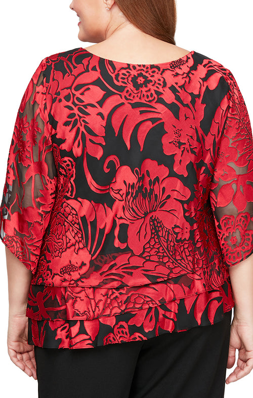 Plus 3/4 Sleeve Chiffon Printed Blouse With Illusion Sleeves and Asymmetric Triple Tier Hem