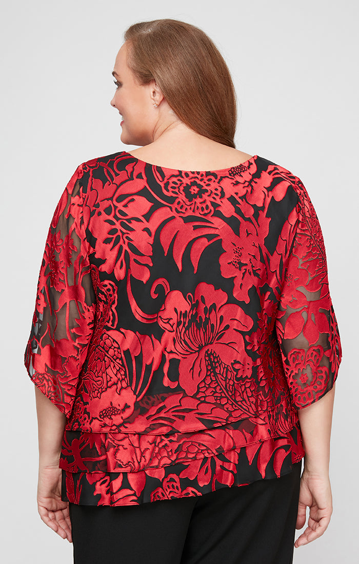 Plus 3/4 Sleeve Chiffon Printed Blouse With Illusion Sleeves and Asymmetric Triple Tier Hem