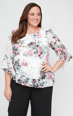 Plus Printed Chiffon Blouse with Triple Tier Asymmetric Hem & Bell Sleeves