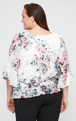 Plus Printed Chiffon Blouse with Triple Tier Asymmetric Hem & Bell Sleeves