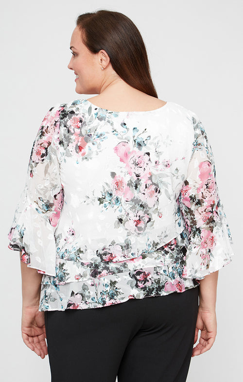 Plus Printed Chiffon Blouse with Triple Tier Asymmetric Hem & Bell Sleeves